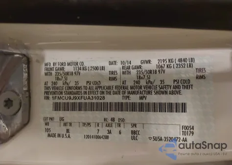 2015 Ford Escape Titanium from USA, damaged, VIN 1FMCU9J9XFUA31028